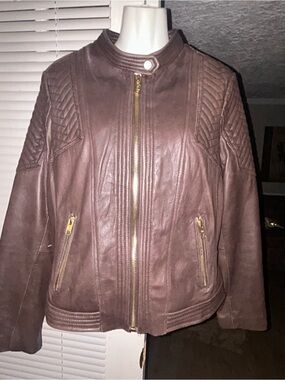 Michael Kors Brown Quilted Shoulder Faux Leather Moto Jacket